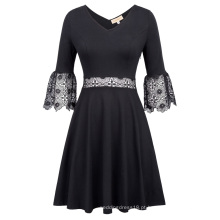 Kate Kasin Sexy Women&#39;s Lantern Sleeves V-Neck V-Back Flores Crochet Black Cotton A-Line Vestido KK000775-1